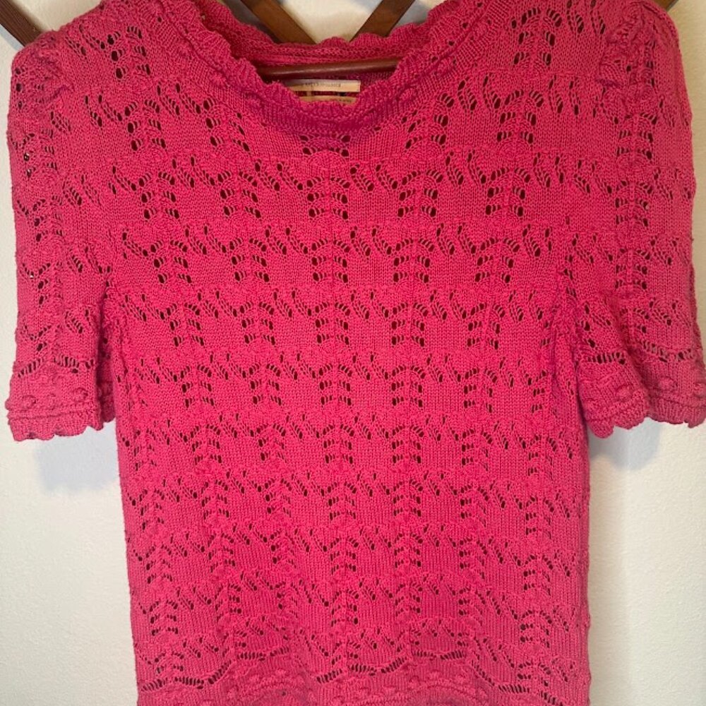 Anthropologie Maeve Floral Crochet Trim Hot Pink Short Sleeve Light Sweater Sz S